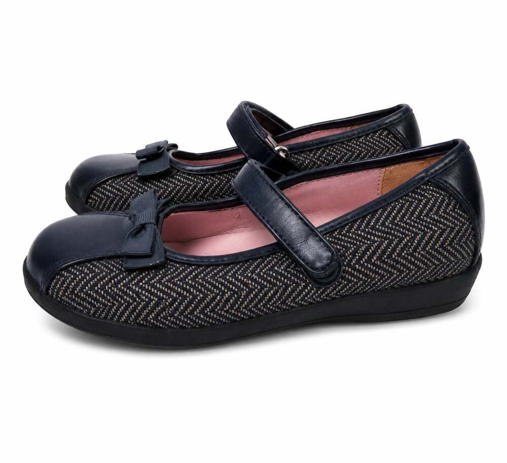 Stride Rite Girls Mary Jane Flats with Herringbone Fabric and Bow Detail